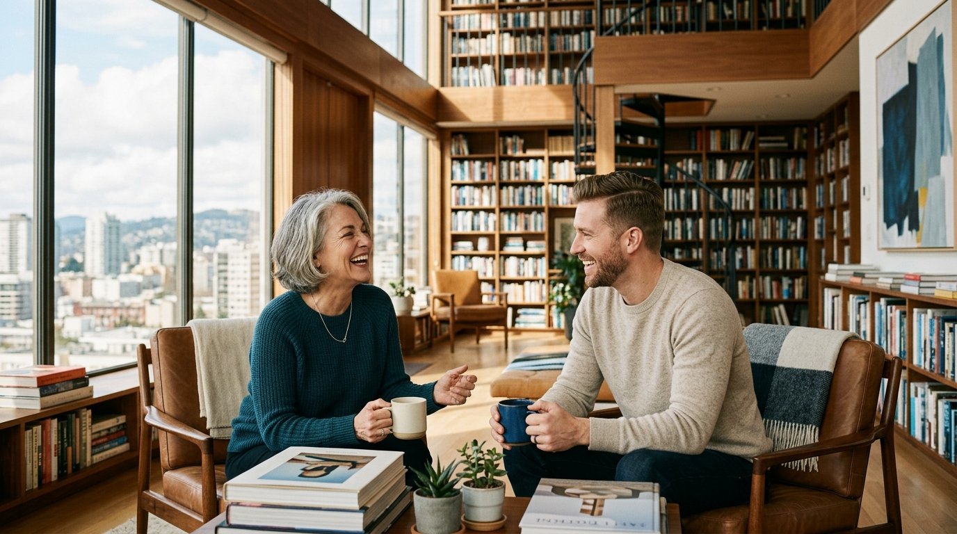 Are age-gap relationships healthy - couple laughing happily in sunlit library