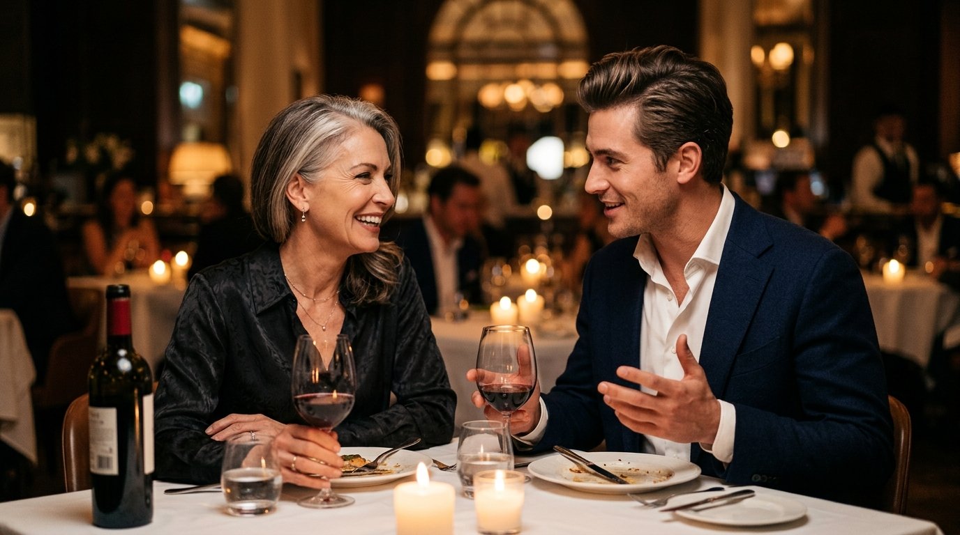 Dating older women guide - handsome younger man and elegant mature woman having dinner
