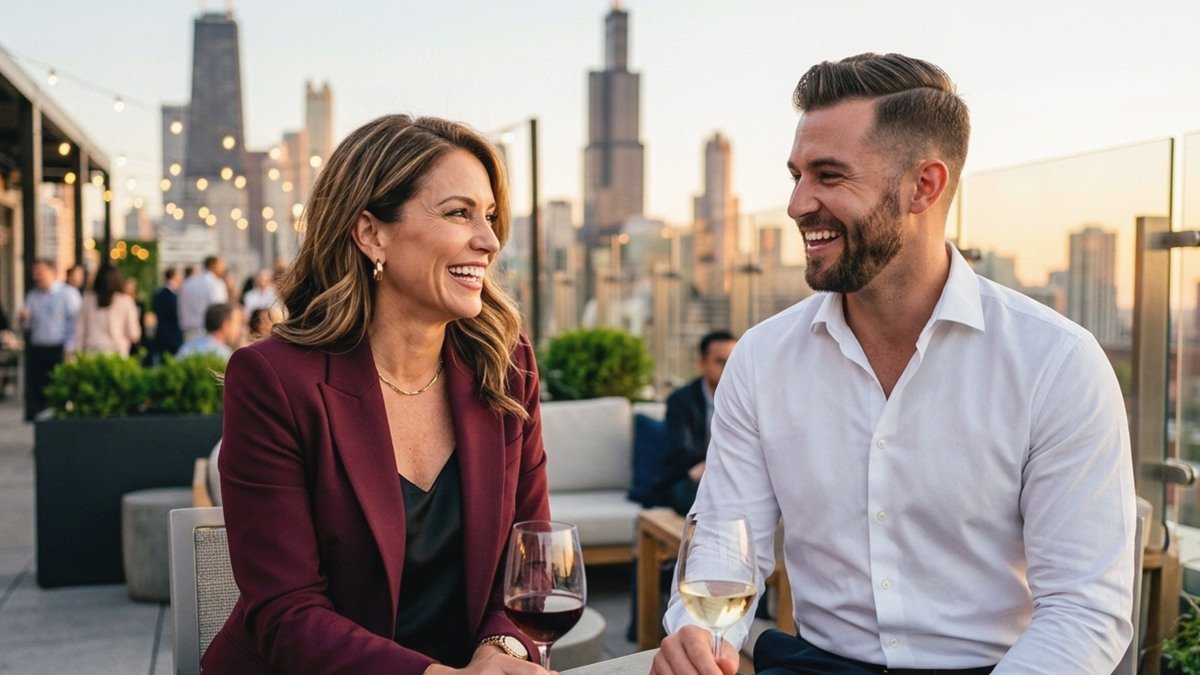 Poised American businesswoman in burgundy blazer and confident younger gentleman laughing over wine on an urban rooftop in Chicago