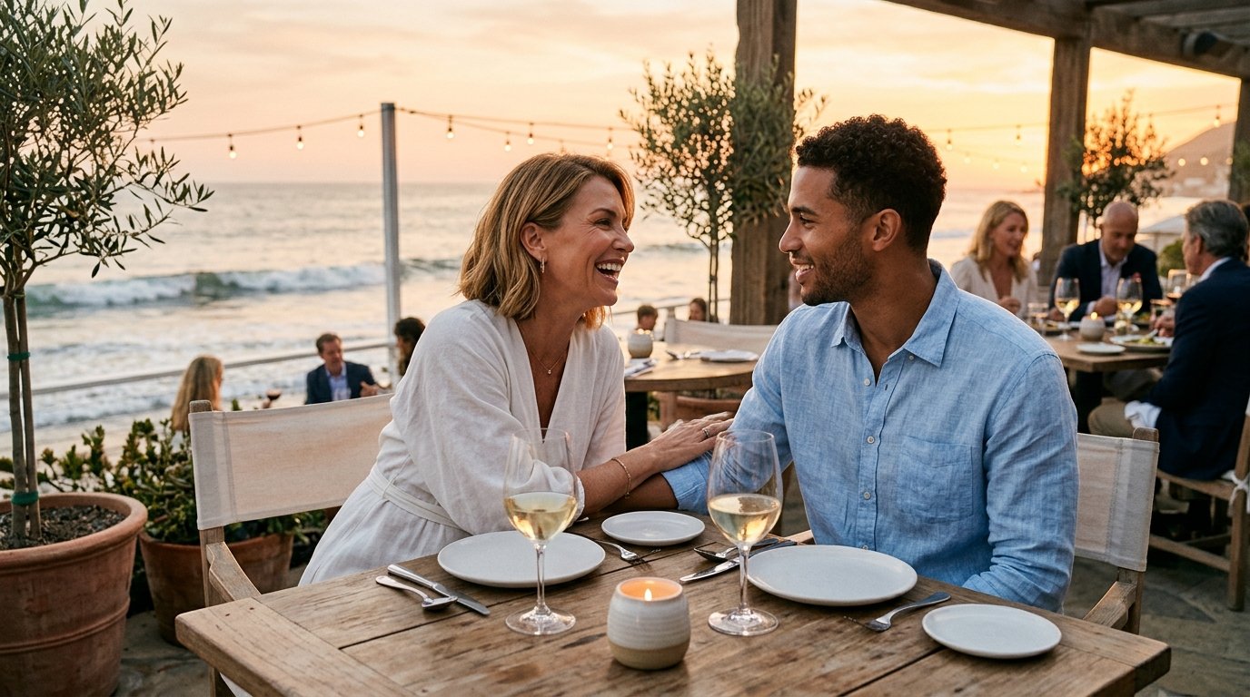 Radiant mature woman and attractive younger gentleman enjoying sunset dinner on a Malibu beach patio in Los Angeles