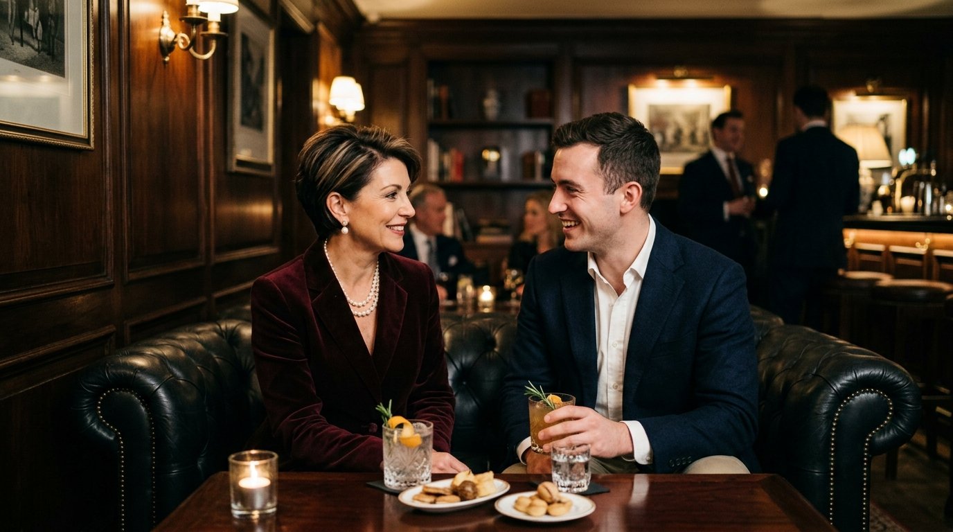 Poised British mature woman and charming younger gentleman having craft cocktails in an exclusive Mayfair club in London