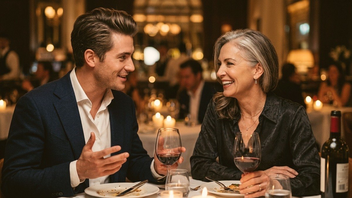 Elegant Spanish mature woman and handsome younger gentleman enjoying a romantic candlelit dinner in Madrid