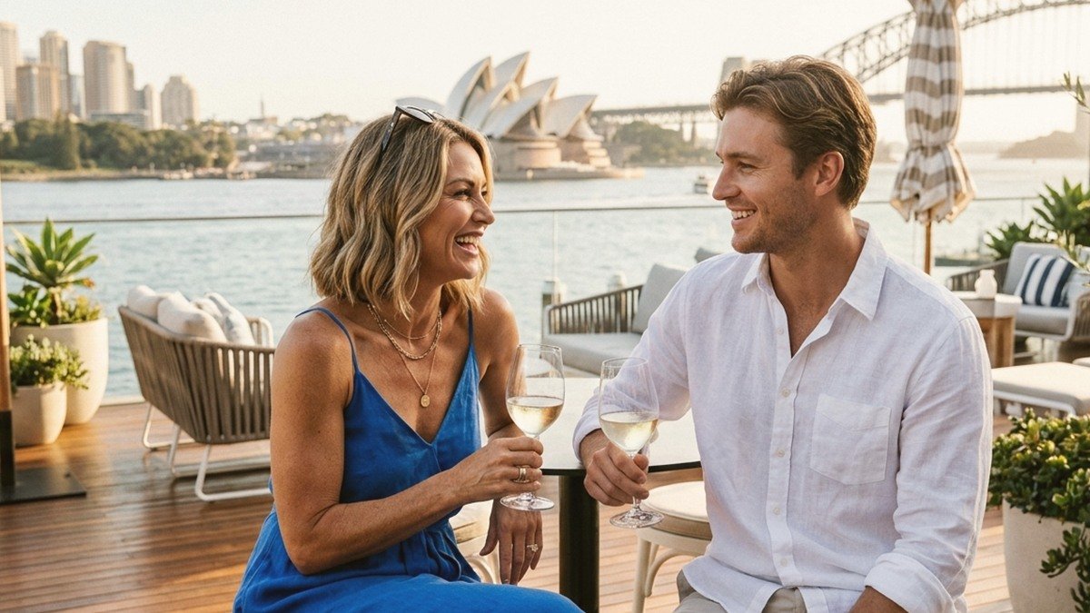 Athletic Australian mature woman and stylish younger gentleman toasting wine at a waterfront lounge in Melbourne