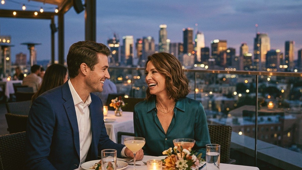 High-fashion Italian mature woman and stylish younger gentleman sipping prosecco on a luxury rooftop in Milan