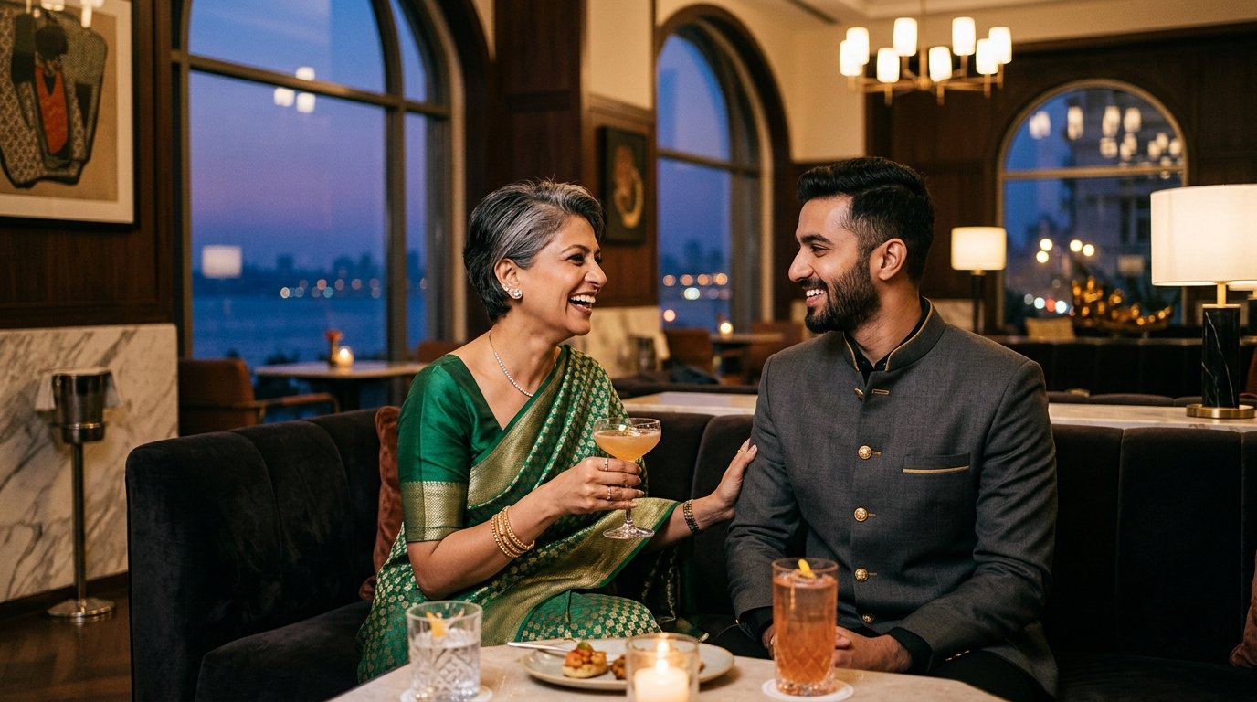 High-society mature Indian woman and handsome younger gentleman conversing at a luxury South Mumbai lounge