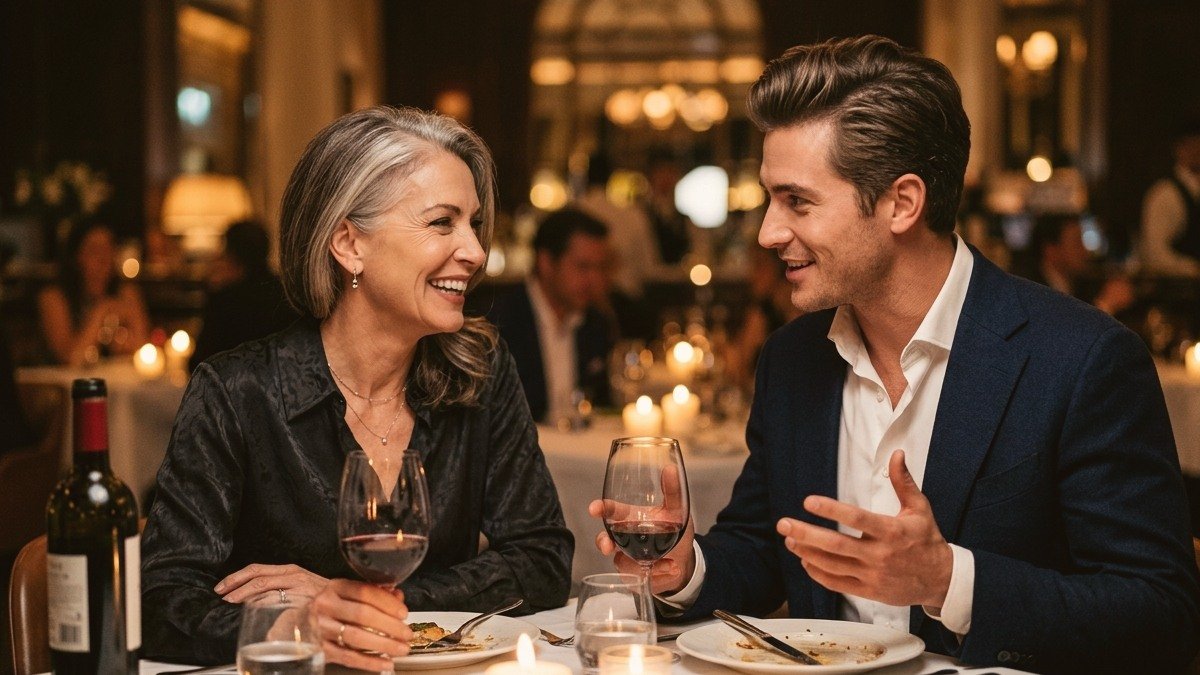 Elegant German mature woman and handsome younger gentleman enjoying a romantic candlelit dinner at a fine dining restaurant in Munich