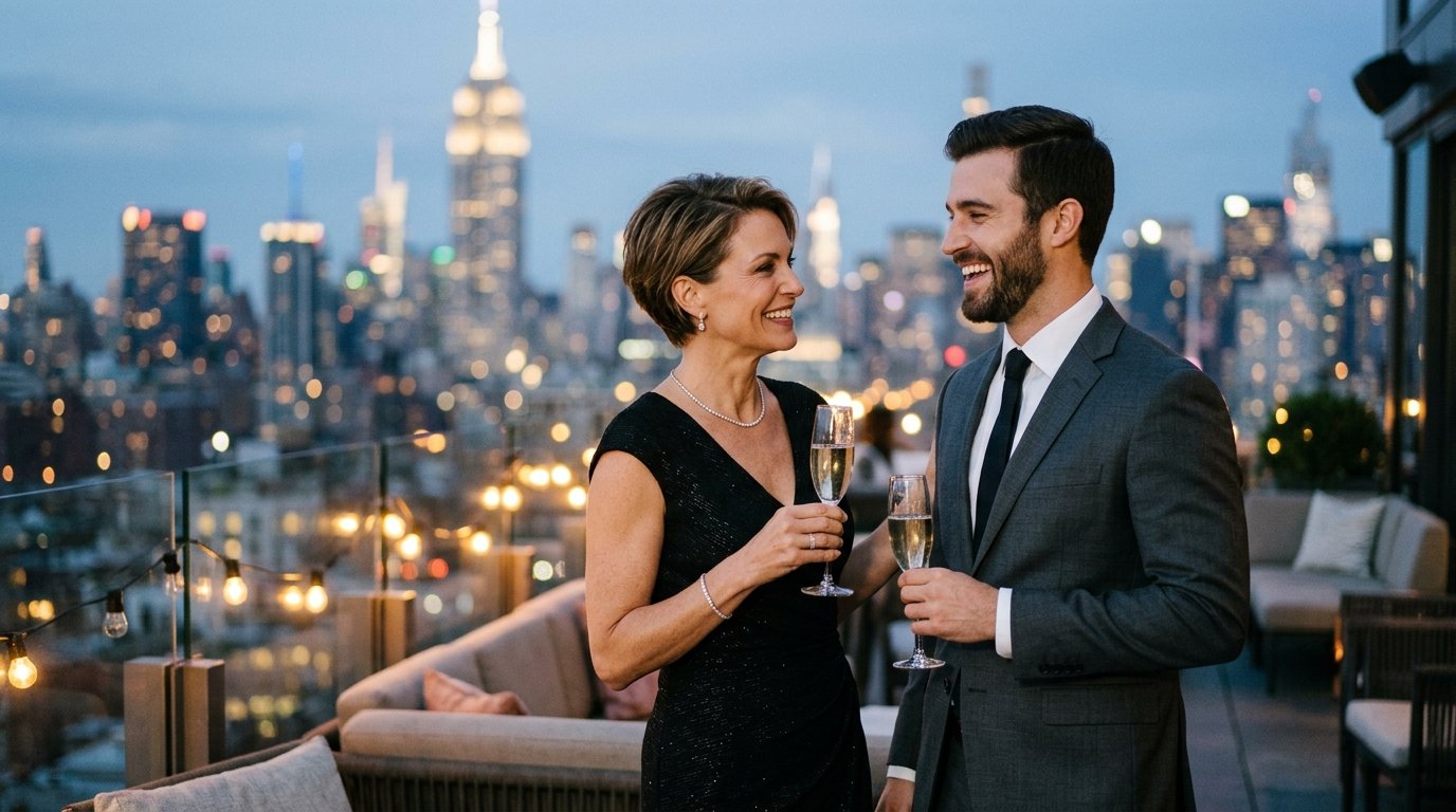 Chic mature woman in black evening dress and handsome younger man sharing champagne on a Manhattan rooftop overlooking New York City skyline