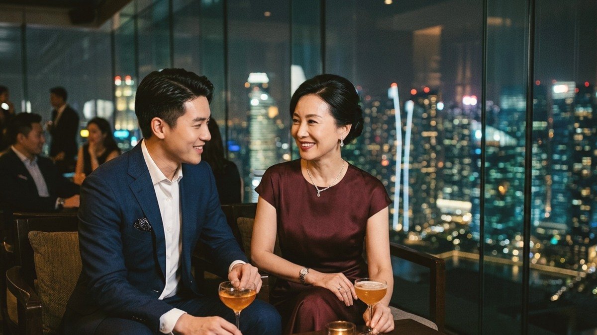 Chic South Korean mature woman and handsome younger gentleman sipping cocktails at an upscale Gangnam sky lounge in Seoul