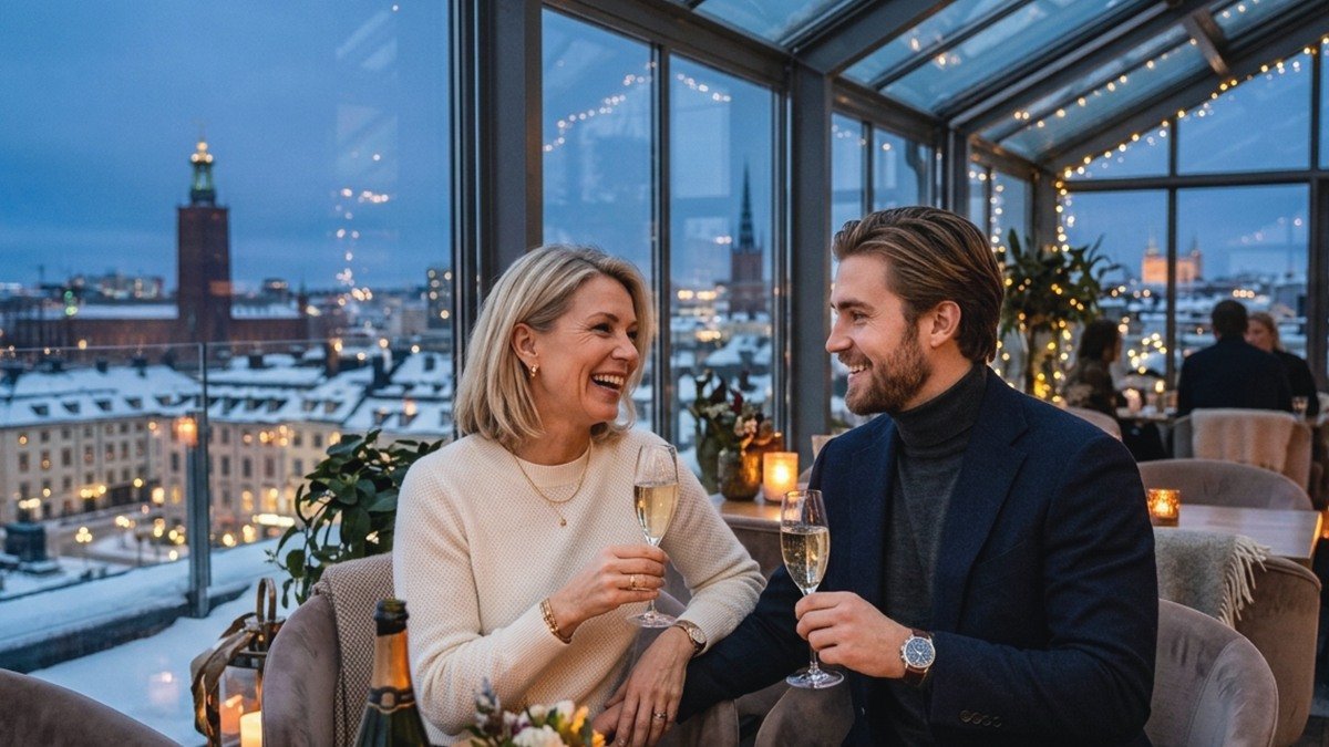 Sophisticated Swedish blonde mature woman and younger partner enjoying drinks in a rooftop glass conservatory in Stockholm
