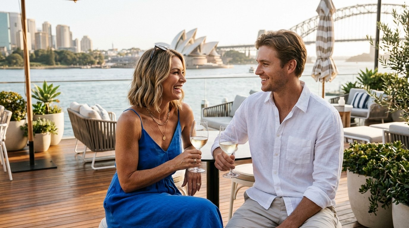 Athletic mature woman and stylish younger man enjoying wine on a terrace overlooking Sydney Harbour in Australia