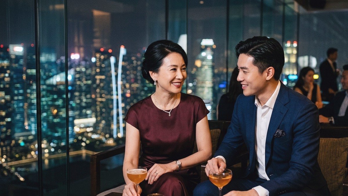 Sophisticated Japanese mature woman in burgundy silk and younger gentleman enjoying evening drinks overlooking Tokyo skyline in Japan