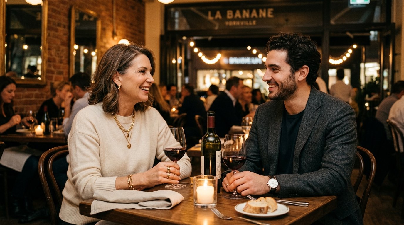 Sophisticated mature woman and handsome younger man sharing candlelit wine at a Yorkville bistro in Toronto