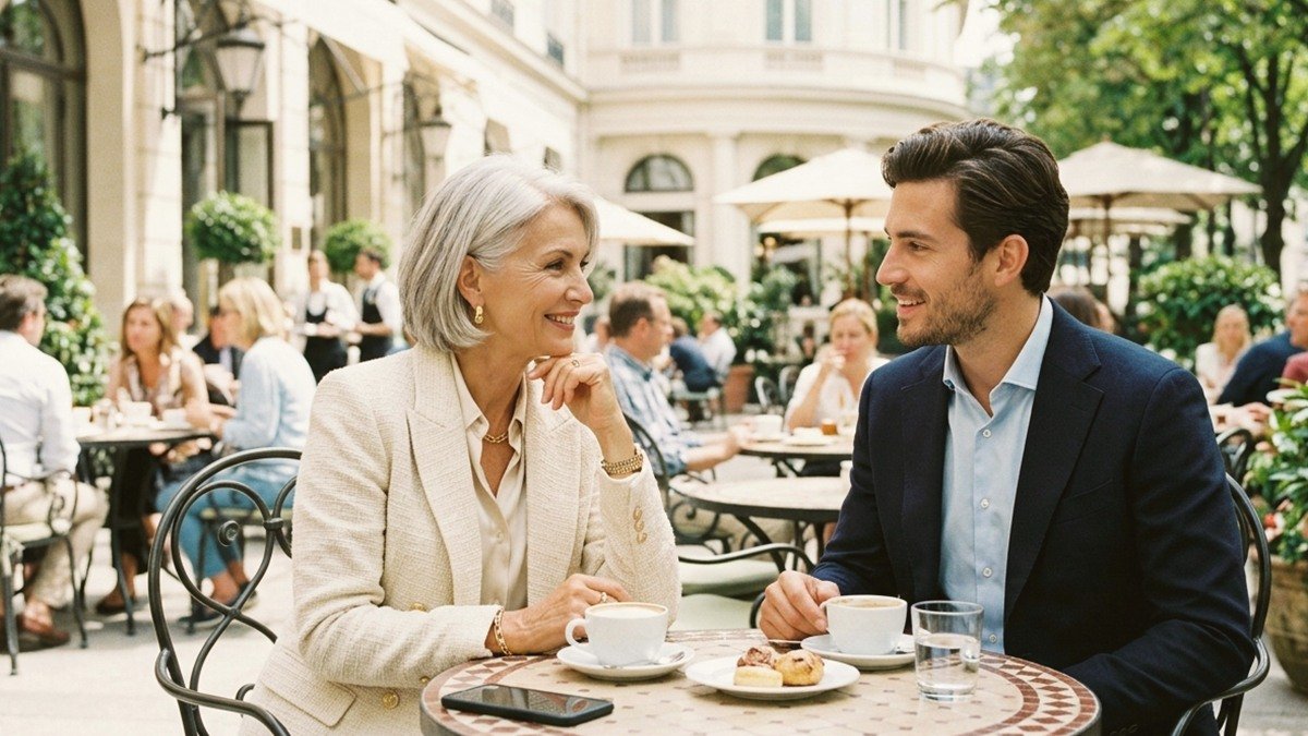 Poised Austrian mature woman and handsome younger gentleman enjoying afternoon cappuccino on a grand cafe terrace in Vienna