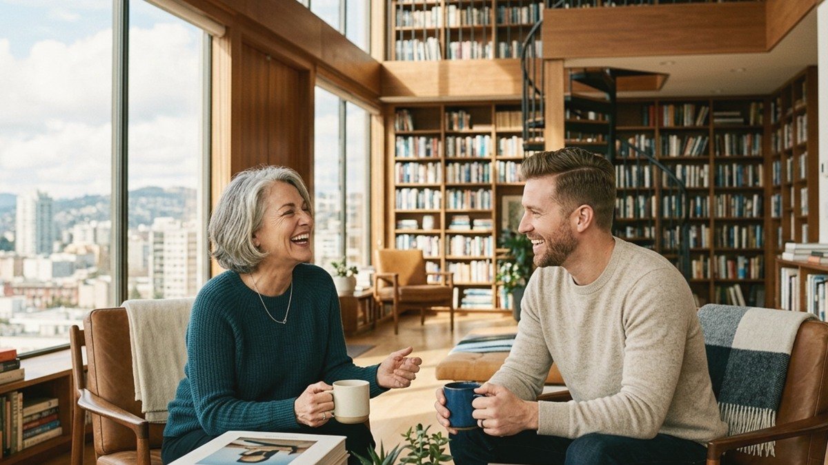 Distinguished Swiss mature woman and younger companion laughing over coffee on a Lake Zurich terrace in Switzerland