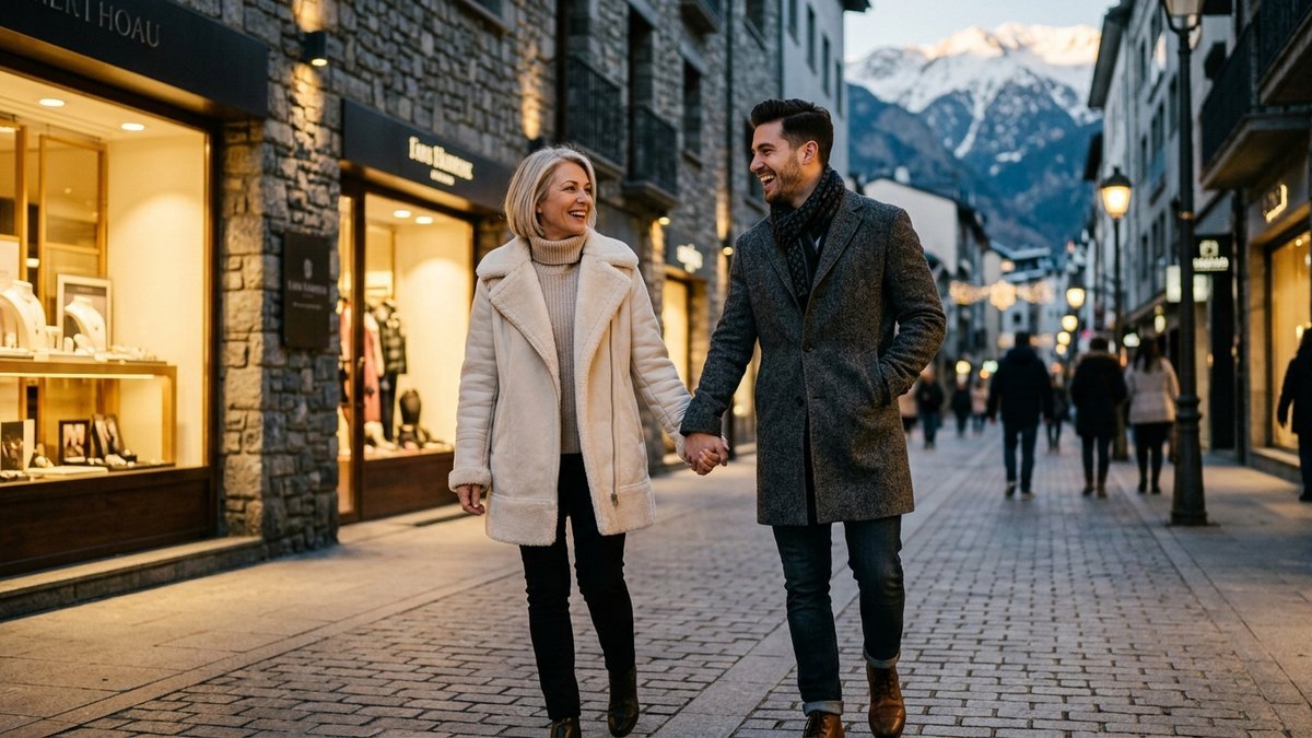 Accomplished European mature woman in chic winter coat and handsome younger companion strolling through Andorra la Vella with snow-capped Pyrenees mountains