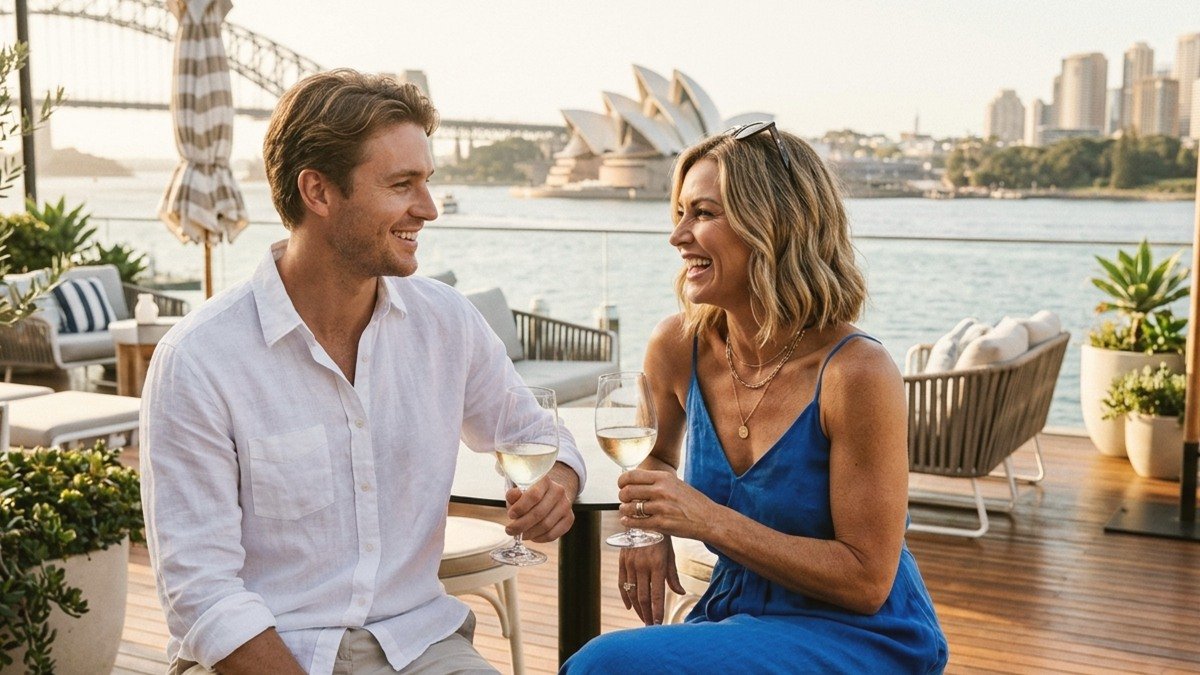 Athletic Australian mature woman and stylish younger gentleman toasting wine at a waterfront harbour lounge in Australia