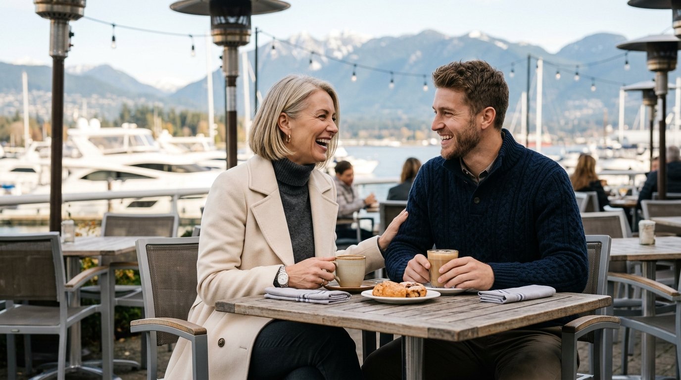 Elegant Canadian businesswoman in cream cashmere coat and handsome younger man sharing warm coffee on a scenic waterfront terrace in Canada
