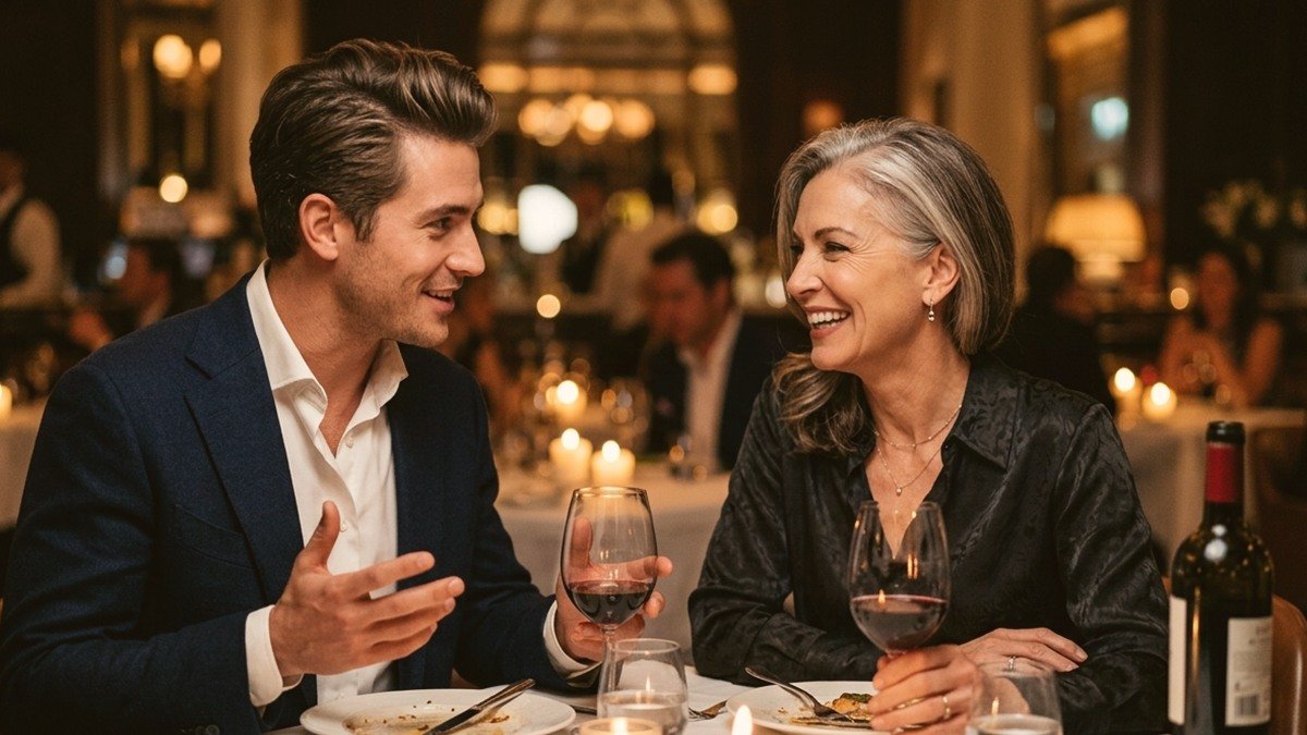 Enchanting Czech mature woman and younger gentleman sharing an intimate candlelit dinner in Prague, Czechia