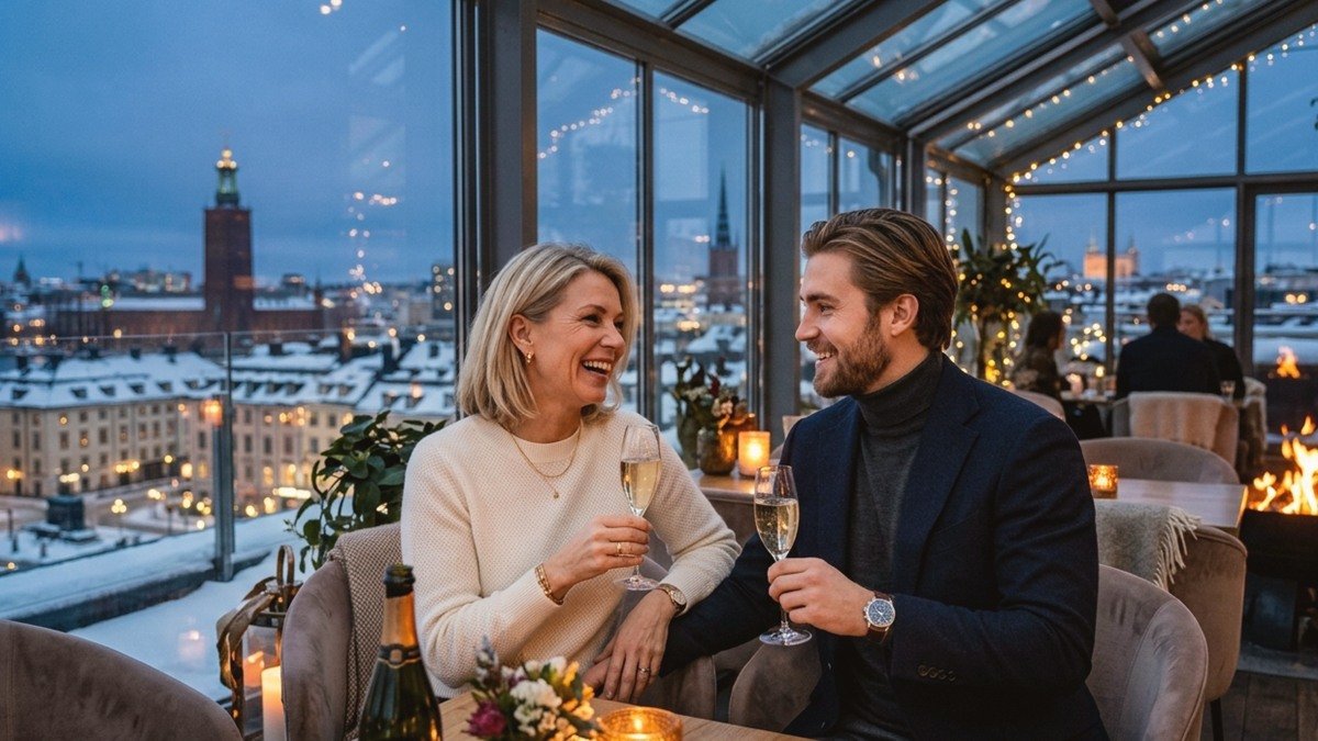 Innovative Estonian mature woman and ambitious younger partner conversing in a contemporary glass lounge in Estonia