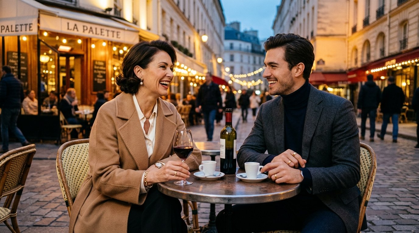 Chic French mature woman in camel coat and stylish younger companion sharing espresso at a Parisian outdoor cafe in France