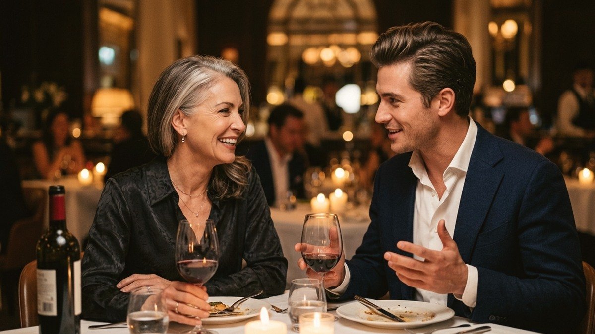 Elegant German mature woman and handsome younger gentleman enjoying a romantic candlelit dinner at a fine dining restaurant in Germany
