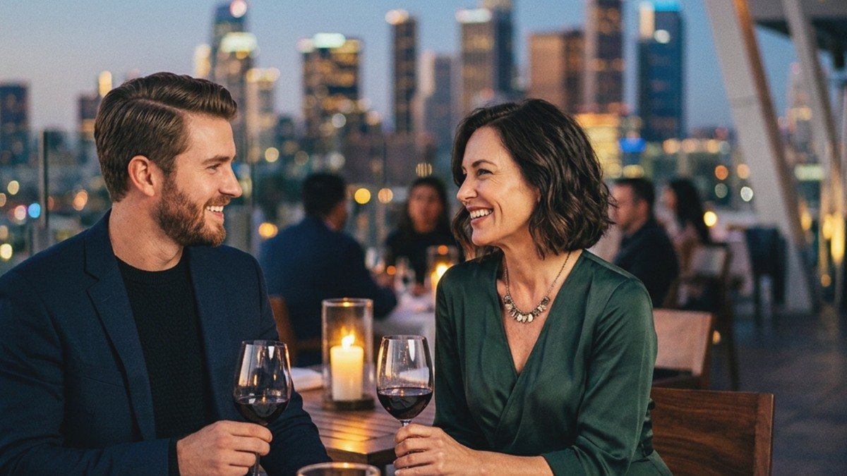 Adventurous Icelandic mature woman and younger gentleman enjoying an intimate evening toast at a luxury Nordic retreat in Iceland