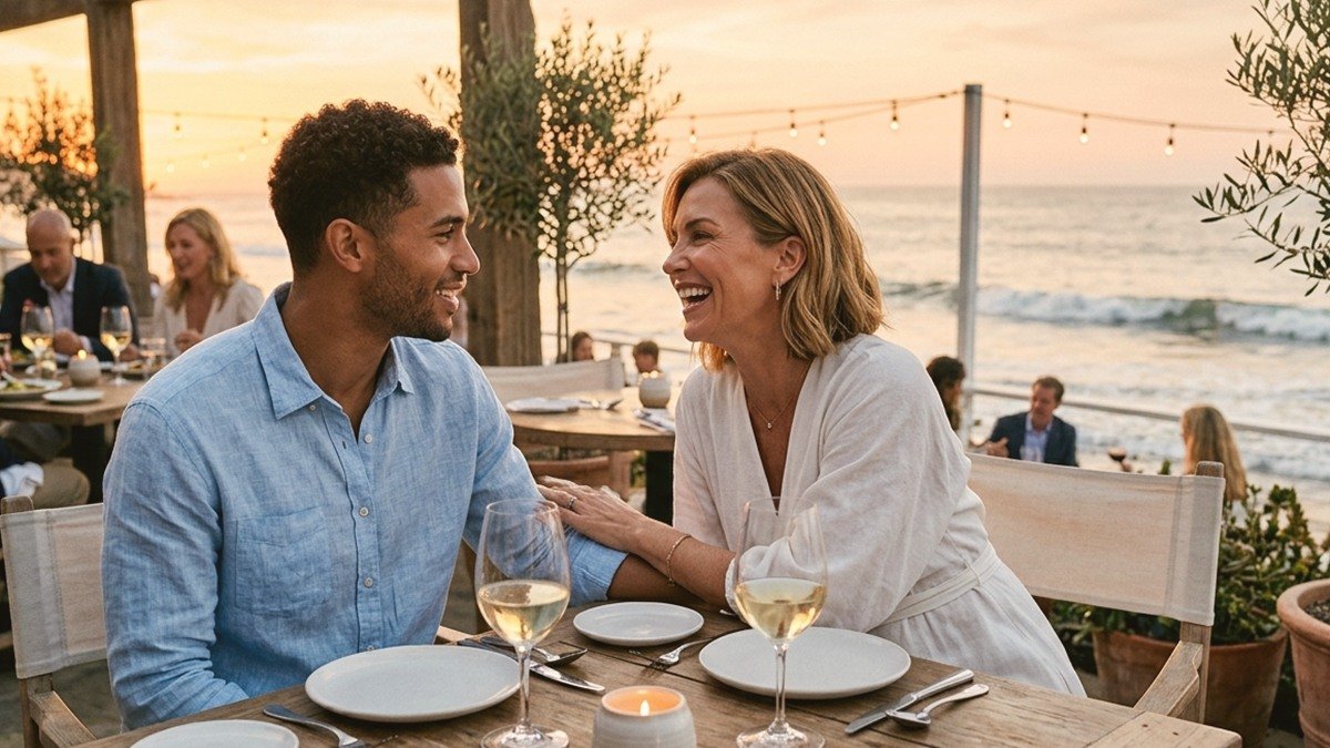 Vibrant Israeli mature woman and handsome younger gentleman enjoying Mediterranean coastal dining on a beachfront terrace in Israel