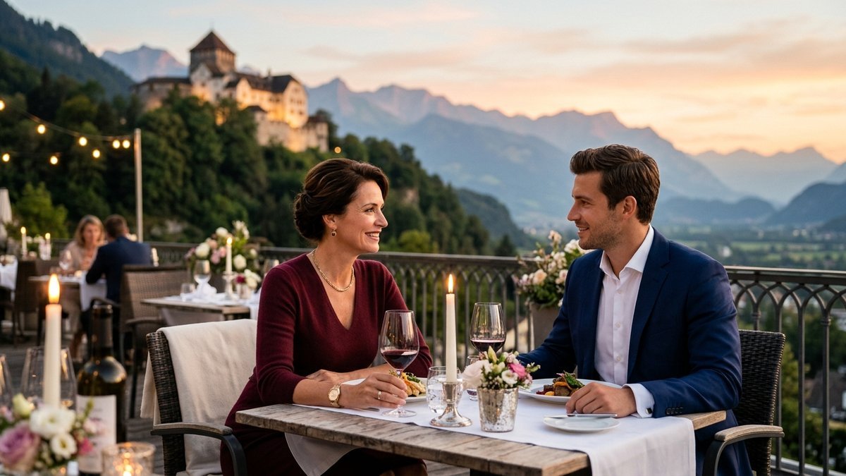 Poised sophisticated mature woman and handsome younger gentleman sharing wine at a scenic restaurant terrace overlooking Vaduz Castle in Liechtenstein