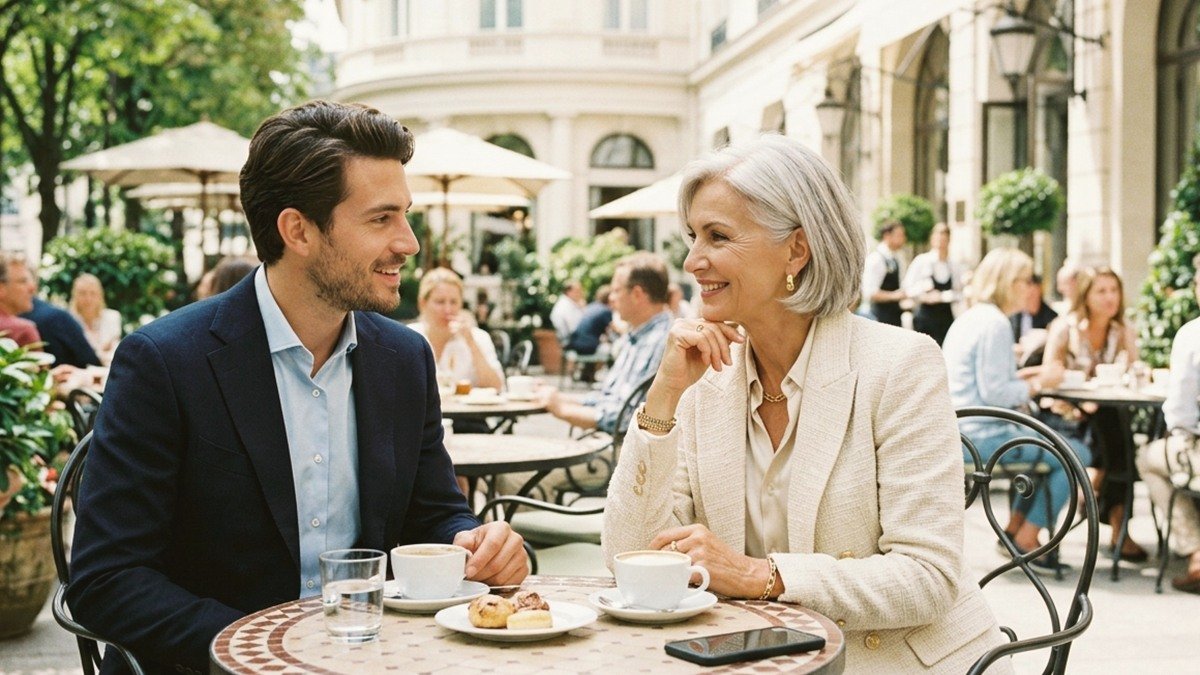 Gracious Lithuanian mature woman and younger gentleman sharing tea on a historic Old Town courtyard terrace in Lithuania