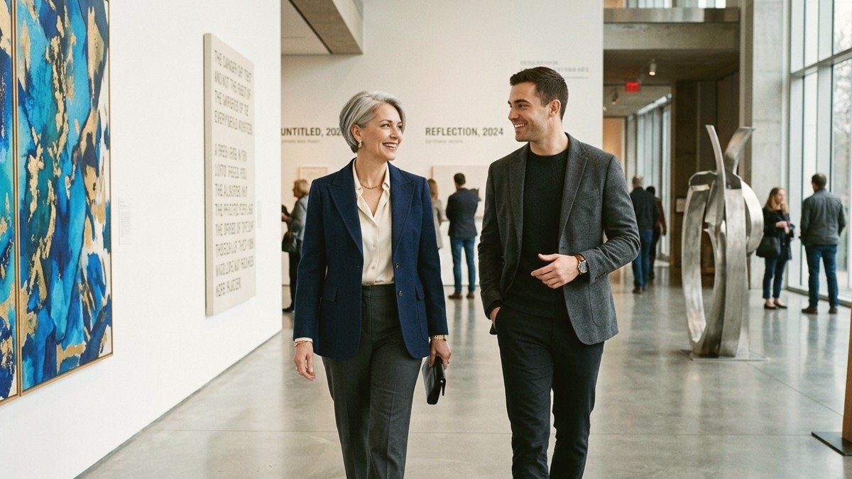 Cultured Dutch mature woman and stylish younger man strolling through a contemporary art gallery in the Netherlands