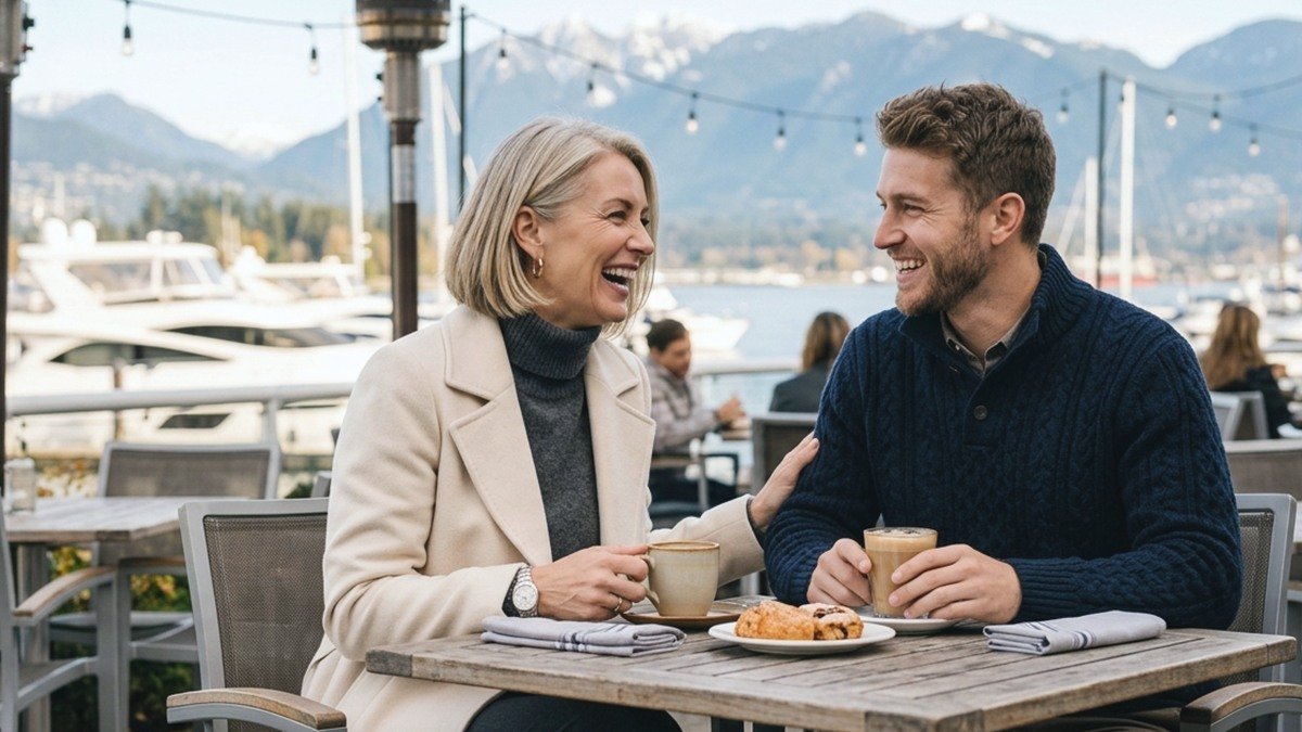 Adventurous New Zealand mature woman and younger partner enjoying warm drinks on an alpine vineyard terrace in New Zealand
