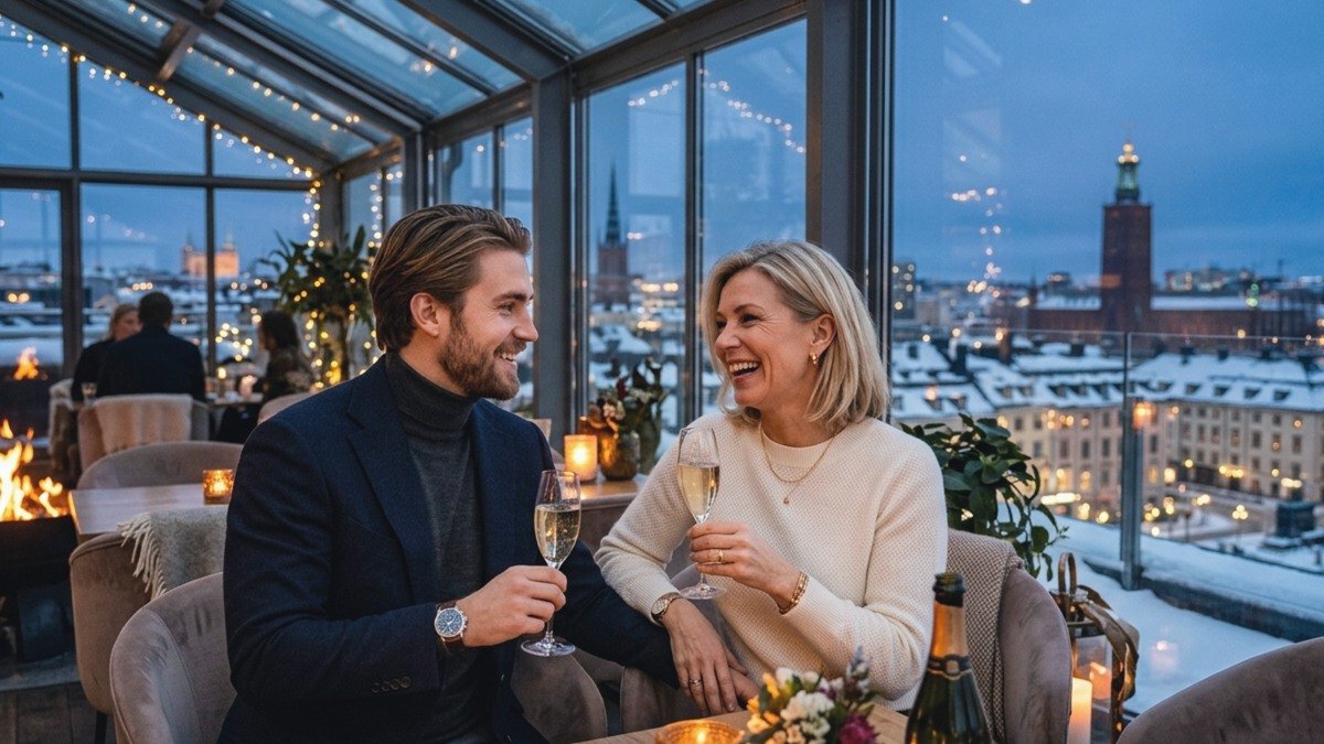 Radiant Norwegian mature woman and younger companion taking in waterfront fjord views from a modern glass lounge in Norway
