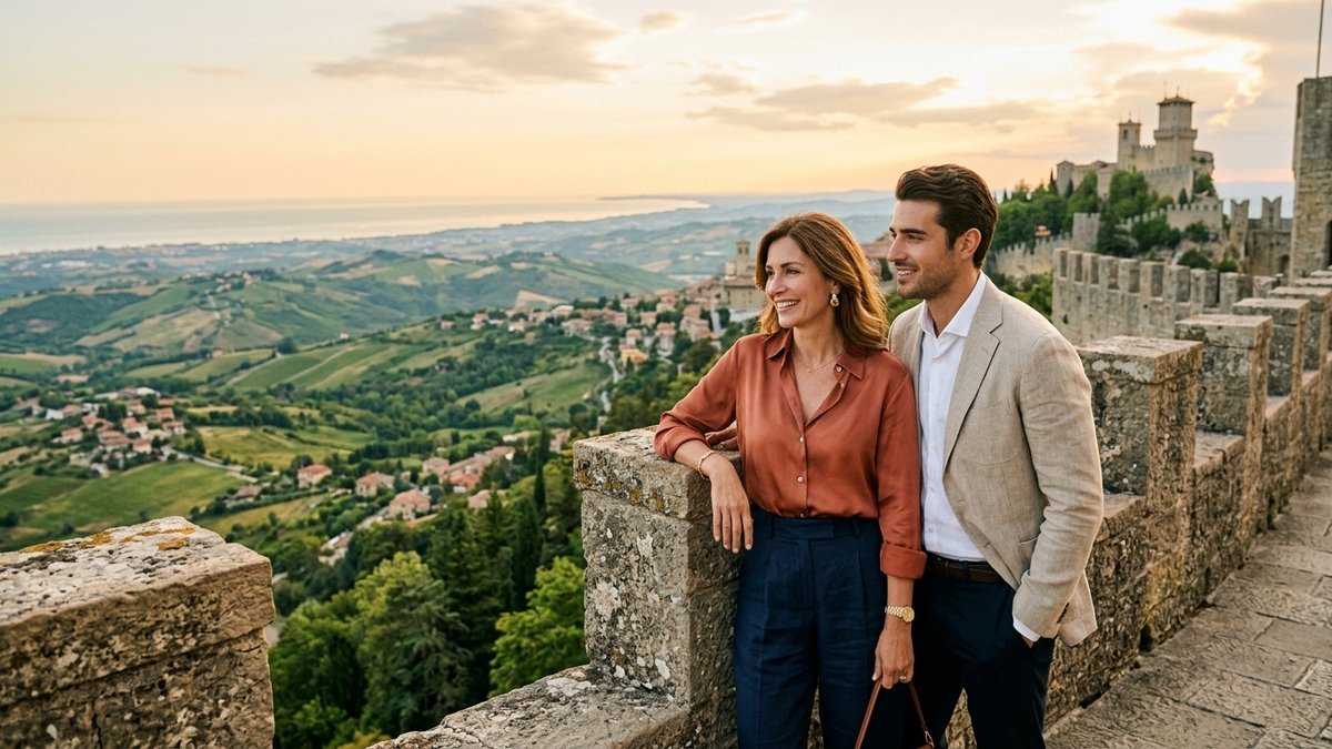 Radiant mature Italian woman and handsome younger partner on the historic stone ramparts of Monte Titano overlooking the rolling hills of San Marino