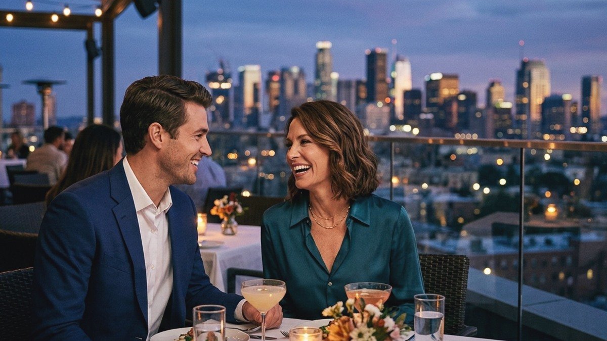 Sophisticated Slovakian mature woman and handsome younger man admiring the city skyline from a rooftop terrace in Slovakia