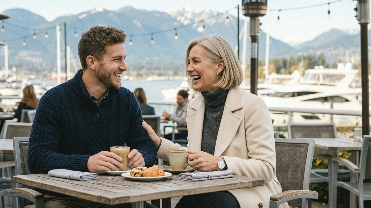 Cultured Slovenian mature woman and younger partner enjoying coffee on a lakeside terrace in Slovenia