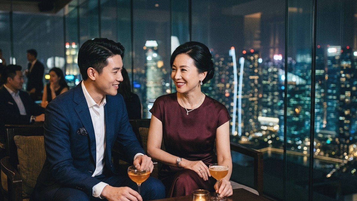 Chic South Korean mature woman and handsome younger gentleman sipping cocktails at an upscale Gangnam sky lounge in South Korea