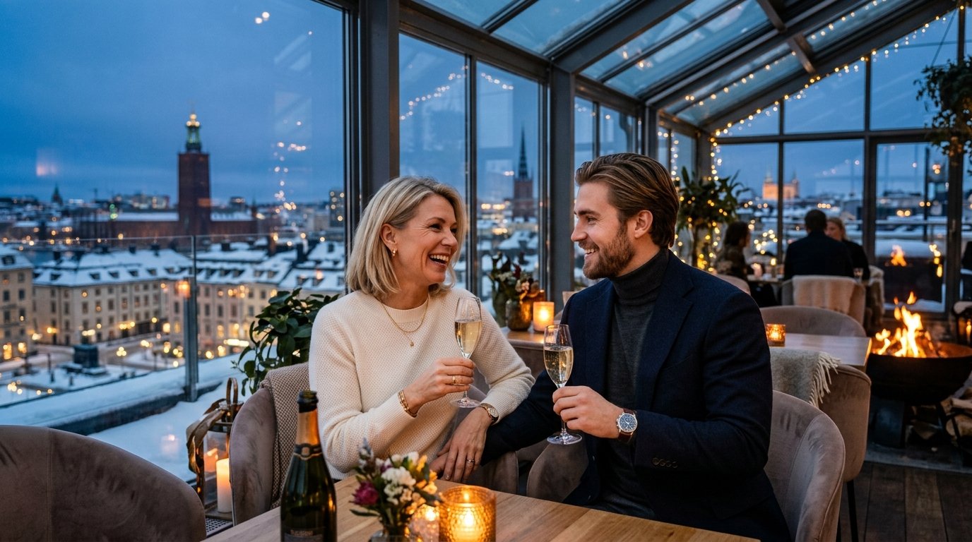 Sophisticated Swedish blonde mature woman and younger partner enjoying drinks in a rooftop glass conservatory in Sweden