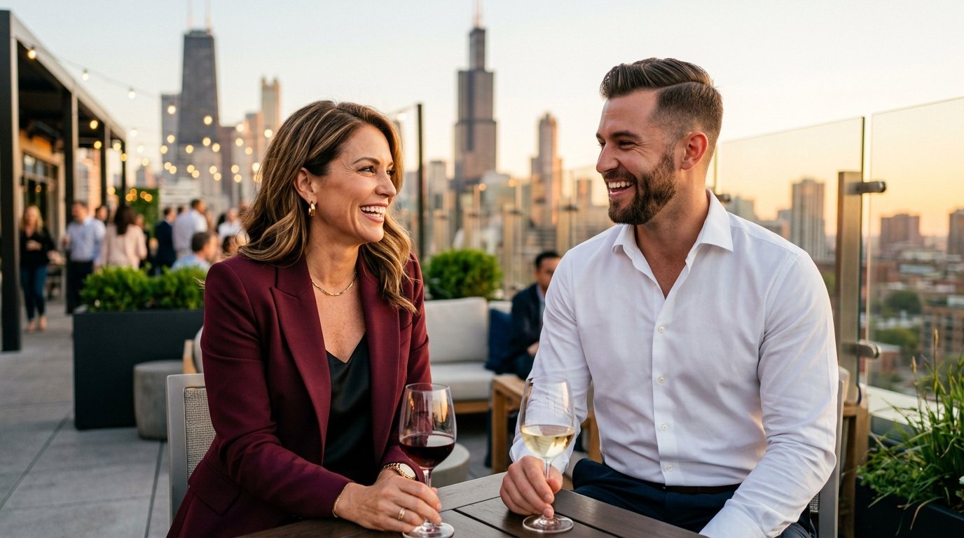 Poised American businesswoman in burgundy blazer and confident younger gentleman laughing over wine on an urban rooftop in the United States