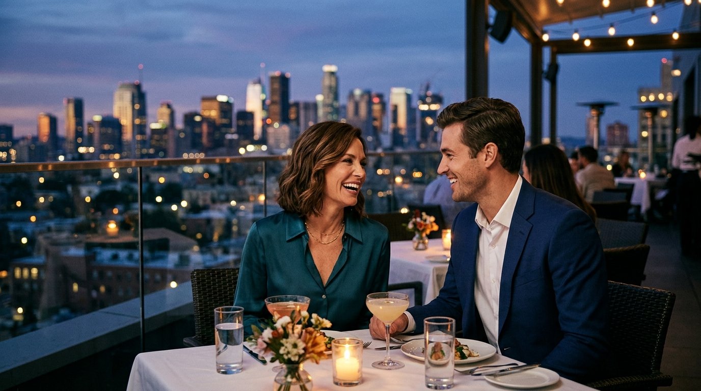 Glamorous mature woman in her late 40s and handsome younger man in his late 20s sharing an intimate rooftop date