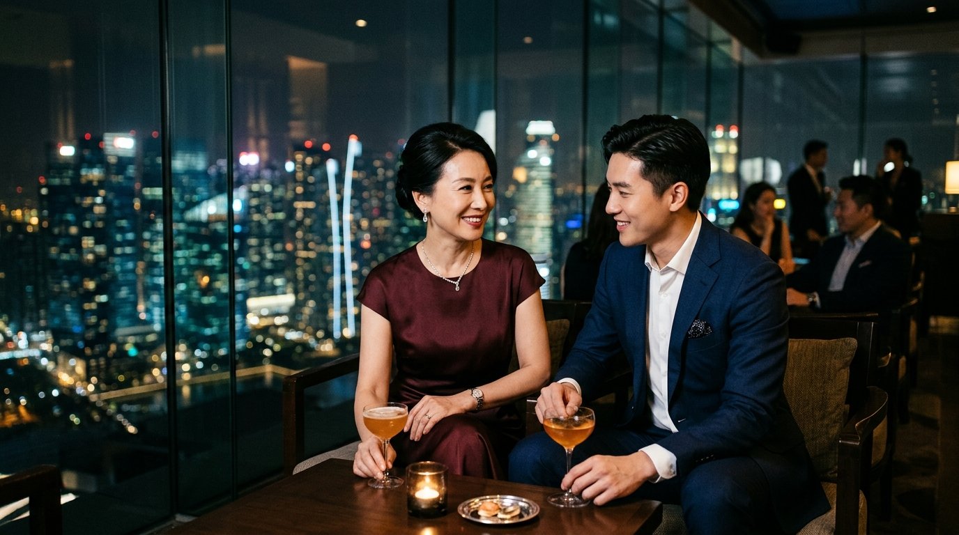 Setting healthy boundaries in age-gap dating - serene mature woman and younger partner in Asian garden