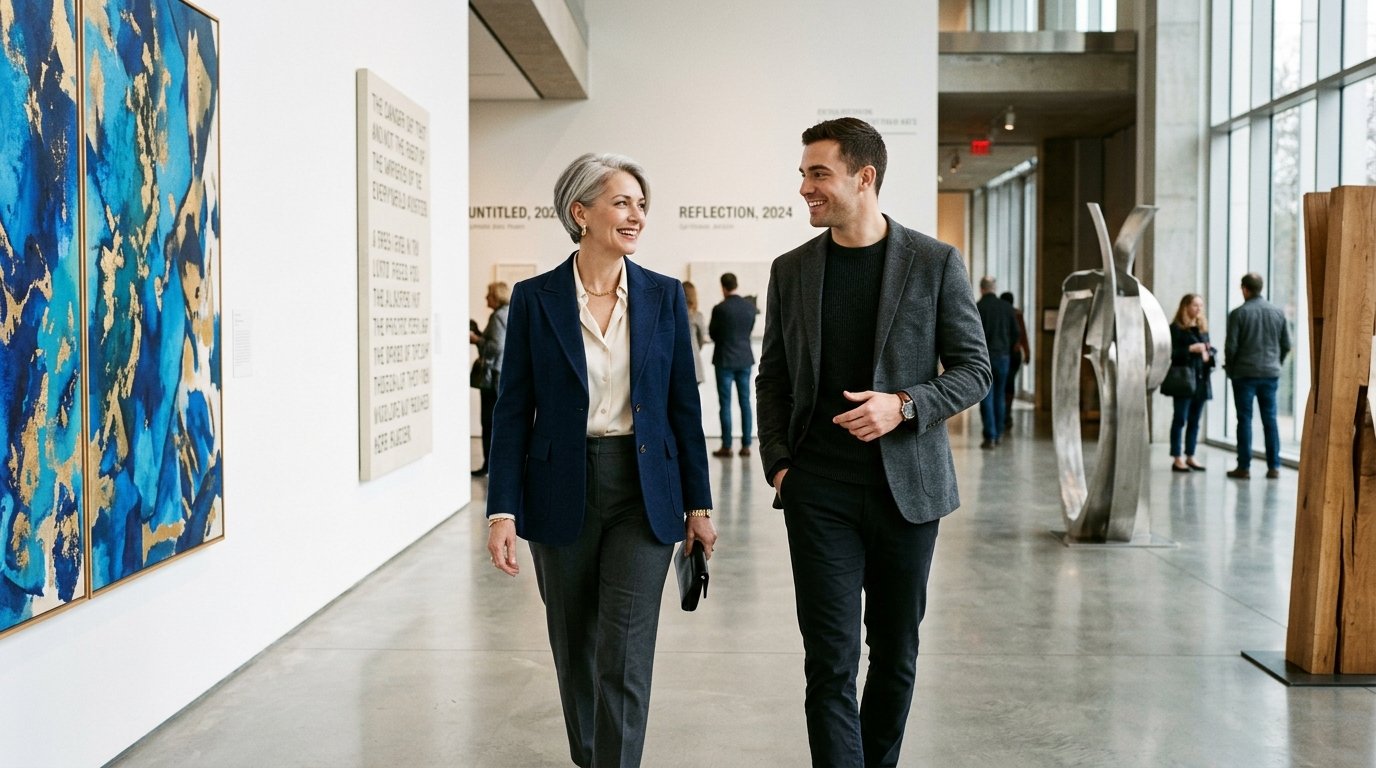 Sugar mommy dating dynamics - elegant mature woman and younger man in art museum gallery